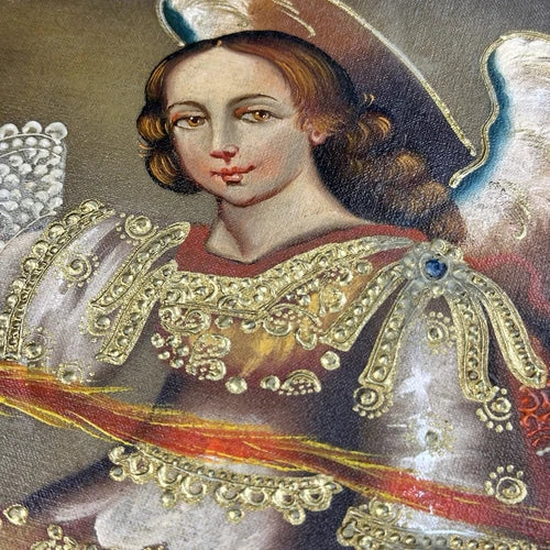 Peinture à l'huile originale école Cusco Pérou ARCHANGE SAINT URIEL