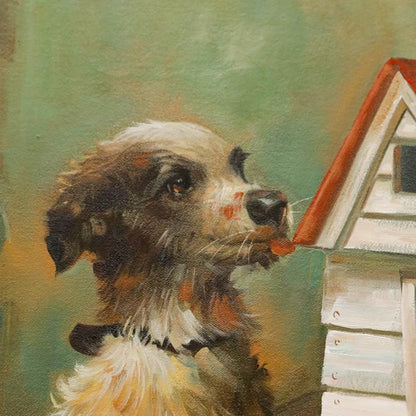 D'après Norman Rockwell - Huile encadrée XXème, garçon peignant un nichoir