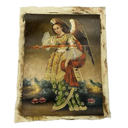 Peinture à l'huile originale école Cusco Pérou ARCHANGE SAINT URIEL