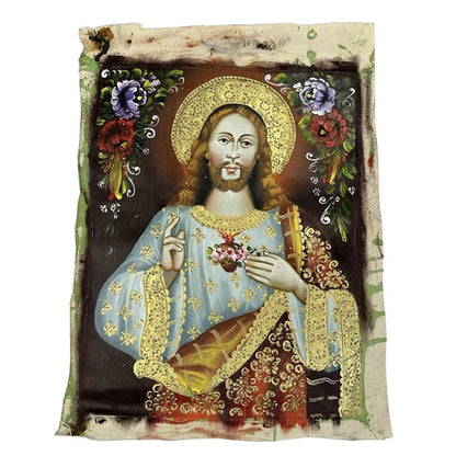 Peinture à l'huile originale école Cusco Pérou Sacré-Cœur de Jésus
