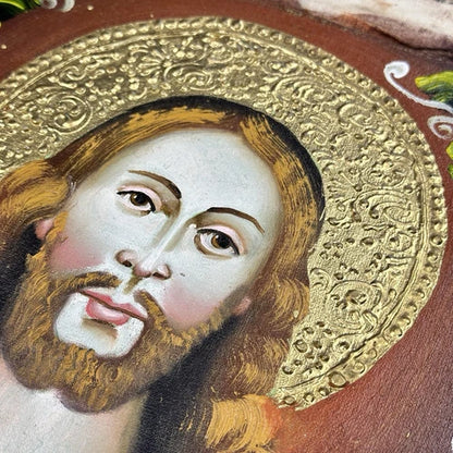 Peinture à l'huile originale école Cusco Pérou Sacré-Cœur de Jésus