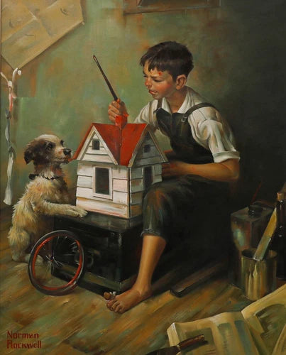 D'après Norman Rockwell - Huile encadrée XXème, garçon peignant un nichoir