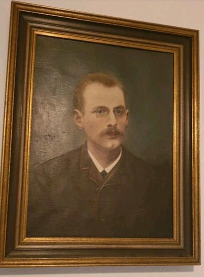 Portrait homme lunettes Belle peinture à l'huile sur toile antique vers 1890