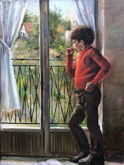 art-peinture-tableau-scene-garçon-fenetre-songe-liberté-huile-toile
