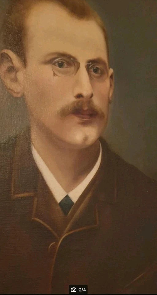 Portrait homme lunettes Belle peinture à l'huile sur toile antique vers 1890