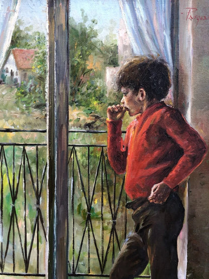 art-peinture-tableau-scene-garçon-fenetre-songe-liberté-huile-toile