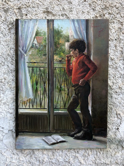 art-peinture-tableau-scene-garçon-fenetre-songe-liberté-huile-toile