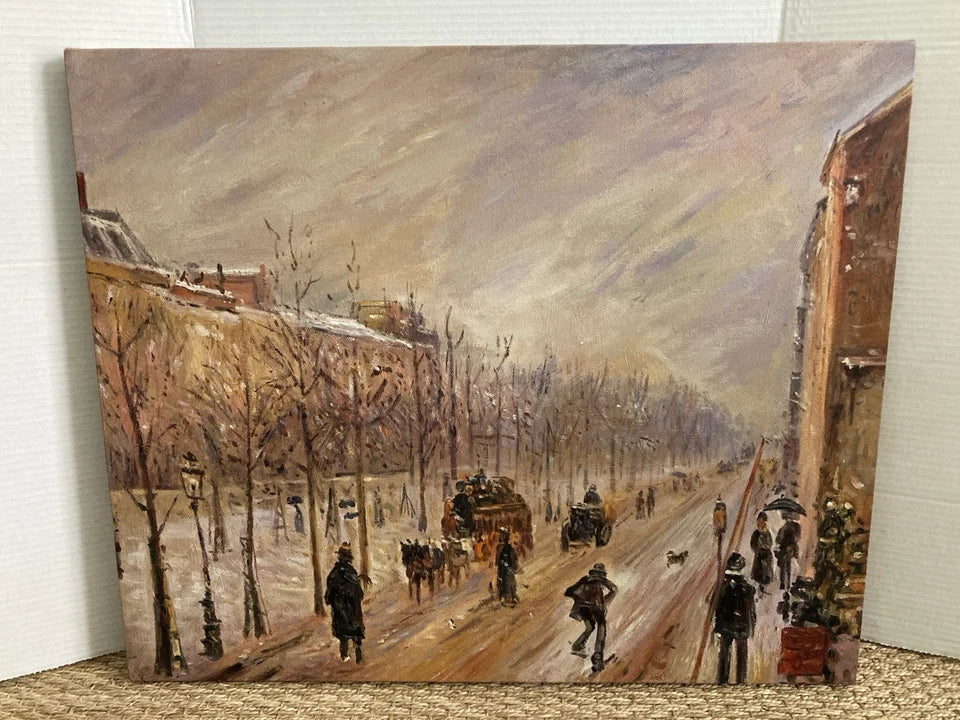 art-decoration-peinture-huile-toile-paysage-scene-rue-Paris-boulevards-hiver-neige