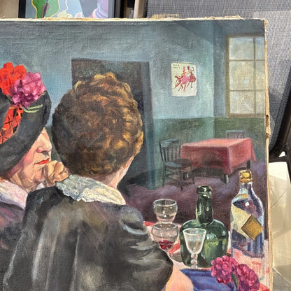 Tableau ancien huile sur toile milieu de siècle-femme-café-art-moderne