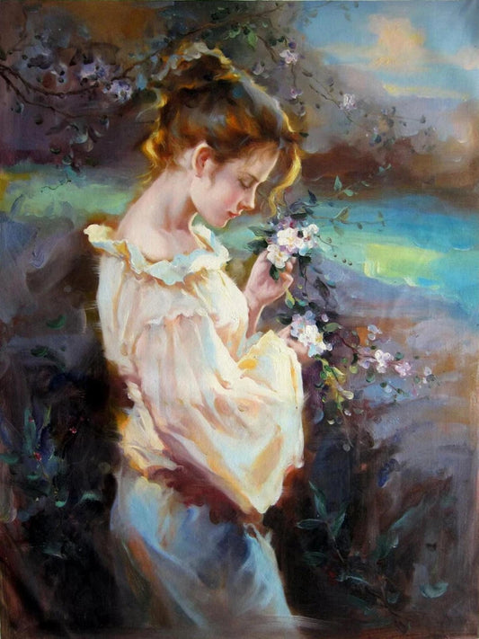art-decoration-peinture-huile-toile-jeune-fille-jardin-fleurs-scene-vie