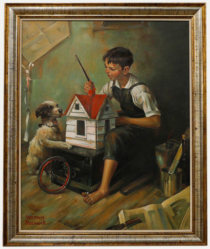 D'après Norman Rockwell - Huile encadrée XXème, garçon peignant un nichoir