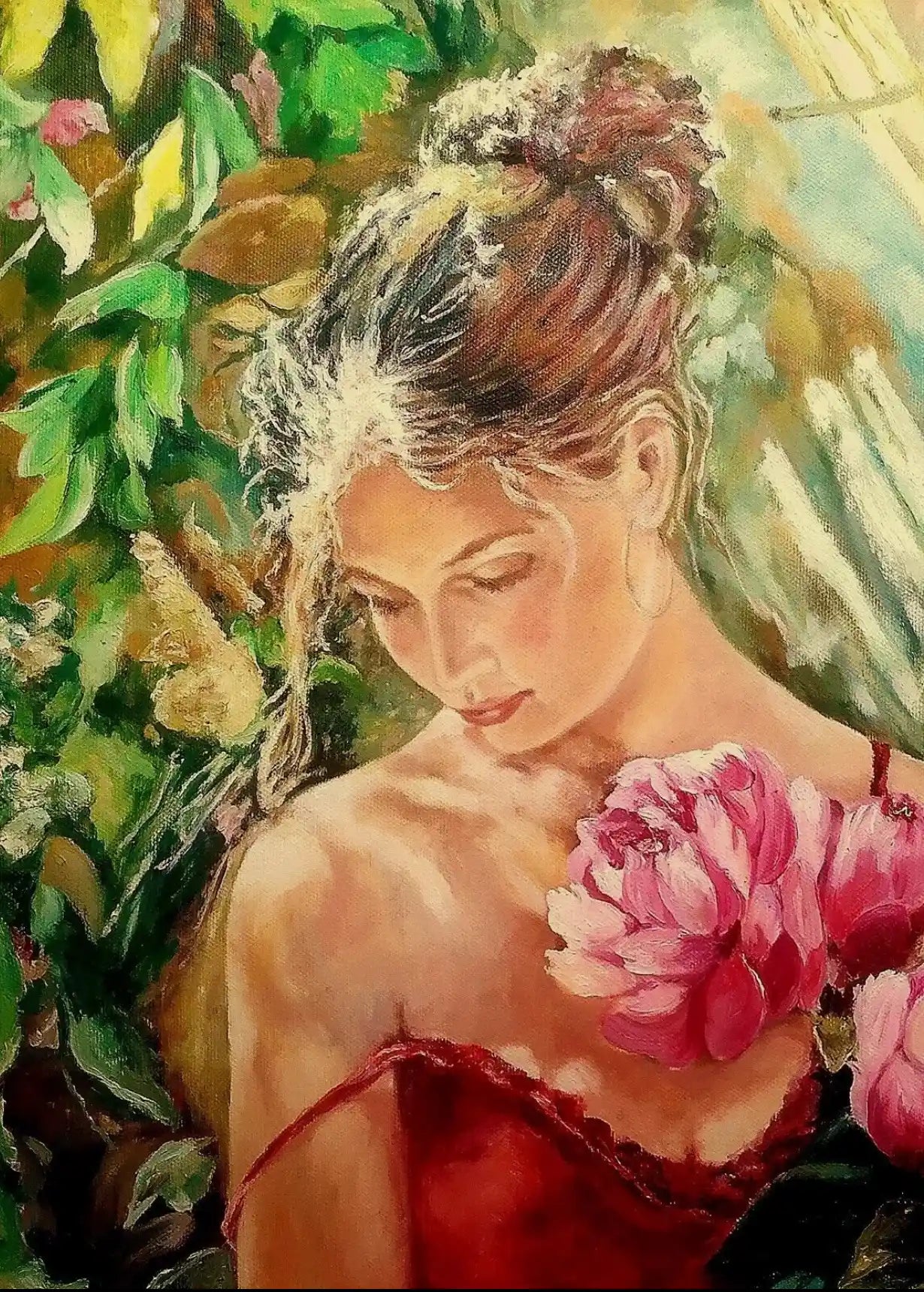 femme sensuelle avec fleurs- Peint à la Main Signé  Salon Art Tableau