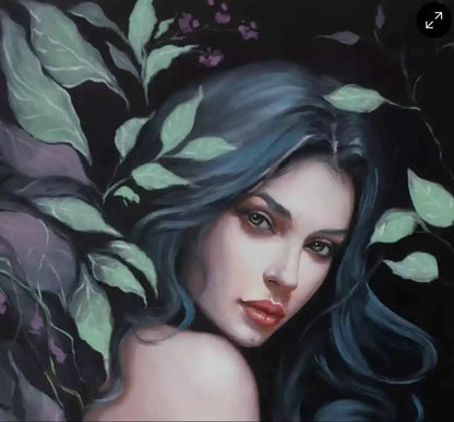 art-femme sensuelle avec feuilles- Peint à la Main Signé  Salon Art Tableau