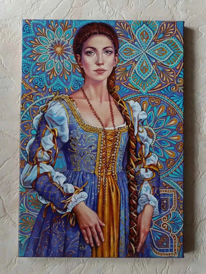 Portrait peinture style antique dans tons or bleu, fait main par l'artiste