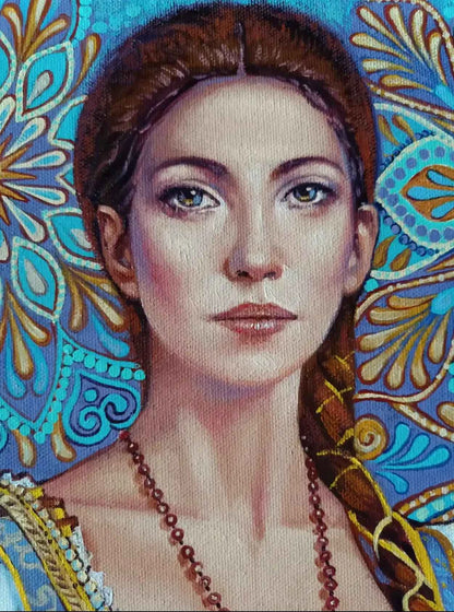 Portrait peinture style antique dans tons or bleu, fait main par l'artiste