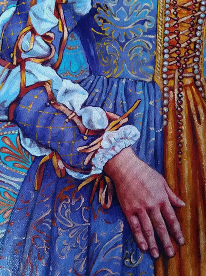 Portrait peinture style antique dans tons or bleu, fait main par l'artiste