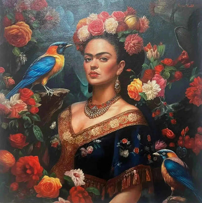 art-moderne-portrait-Frida-Khalo-fleurs-oiseaux-belle-peinture-huile-toile - Kikooyou Art Gallery