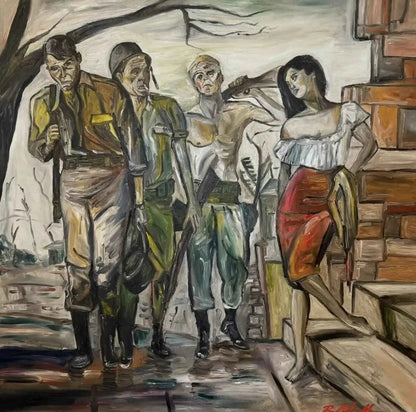 art-scène-vie-soldat-guerre-fille-peinture huile sur toile