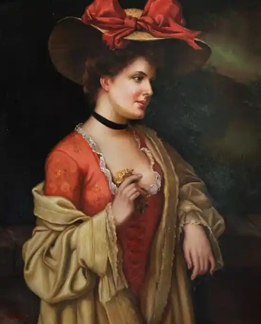 art-portrait-noble-dame-femme-chapeau-peinture-huile-toile-cadre