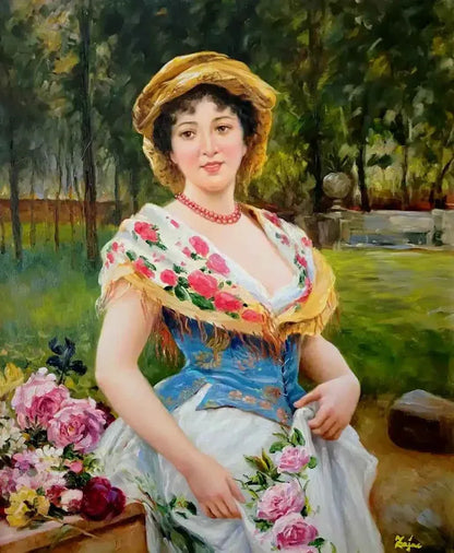 art-portrait-jeune-fille-panier-fleurs-peinture-huile-toile-cadre