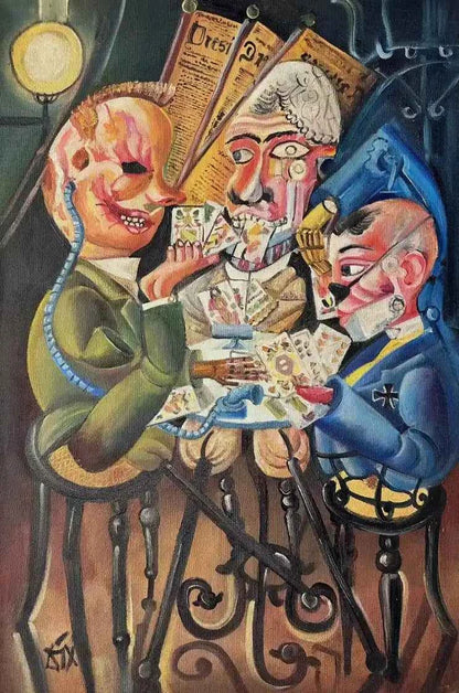 art-surréaliste-scène partie-jeu-cartes-peinture-huile-toile