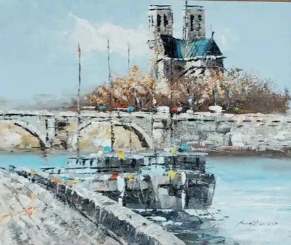 art-paysage-ville-Paris-bateaux-cathédrale-notre dame-quai-peinture-huile-toile