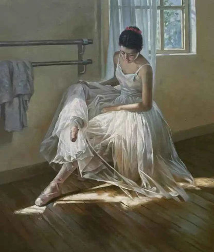 art-portrait-scène-danseuse-ballerine-préparation-ballet-peinture-huile sur toile