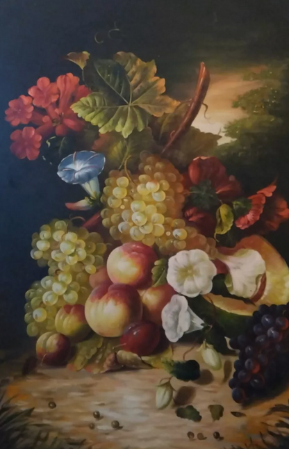 art-nature-morte-fruits-fleurs-peinture-huile-toile
