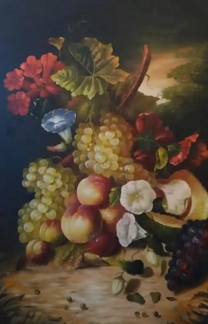 art-nature-morte-fruits-fleurs-peinture-huile-toile