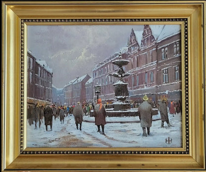 art-scène-rue-Copenhague-fontaine-peinture-huile-toile
