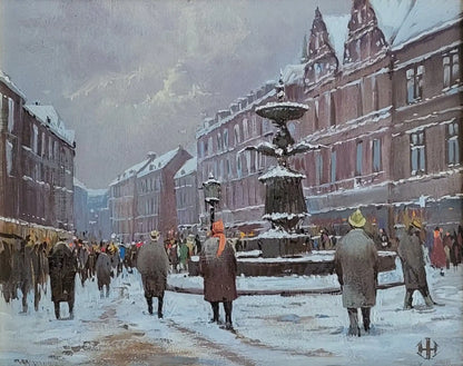 art-scène-rue-Copenhague-fontaine-peinture-huile-toile