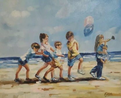 art-scene-vie-enfants-plage-peinture-huile-toile