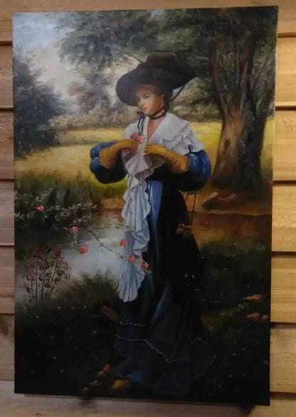 art-scène-feminin-femme-chapeau-jardin-peinture-huile-toile