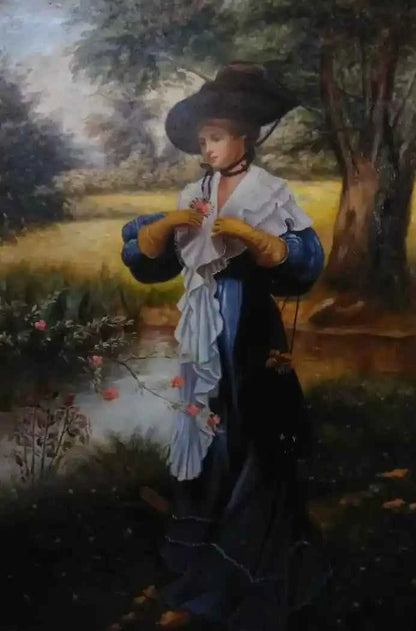 art-scène-feminin-femme-chapeau-jardin-peinture-huile-toile