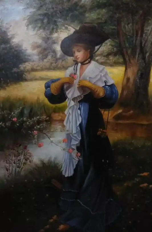 art-scène-feminin-femme-chapeau-jardin-peinture-huile-toile