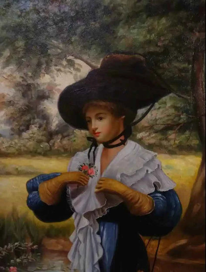 art-scène-feminin-femme-chapeau-jardin-peinture-huile-toile