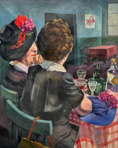 Tableau ancien huile sur toile milieu de siècle-femme-café-art-moderne