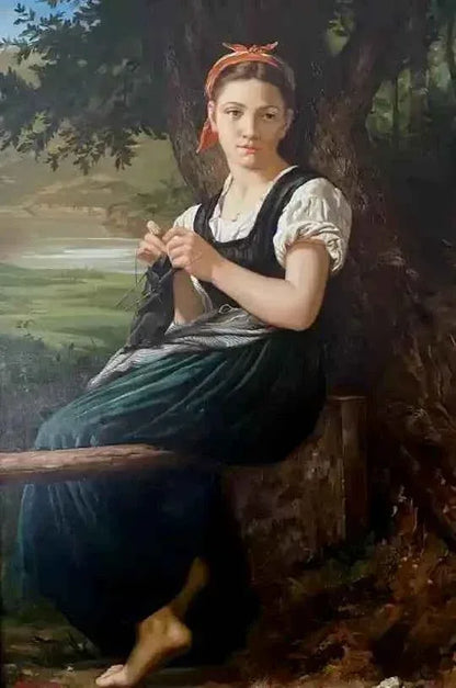 art-portrait-jeune-fille-tricot-peinture-huile-toile-cadre