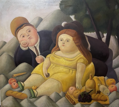 art-decoration-tableau-peinture-huile-toile-scene-picnic-fat-d'apres Botero