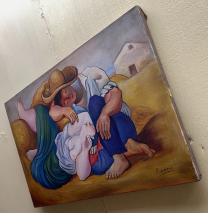 art-decoration-tableau-peinture-huile-toile-scene-paysan-sieste-champ