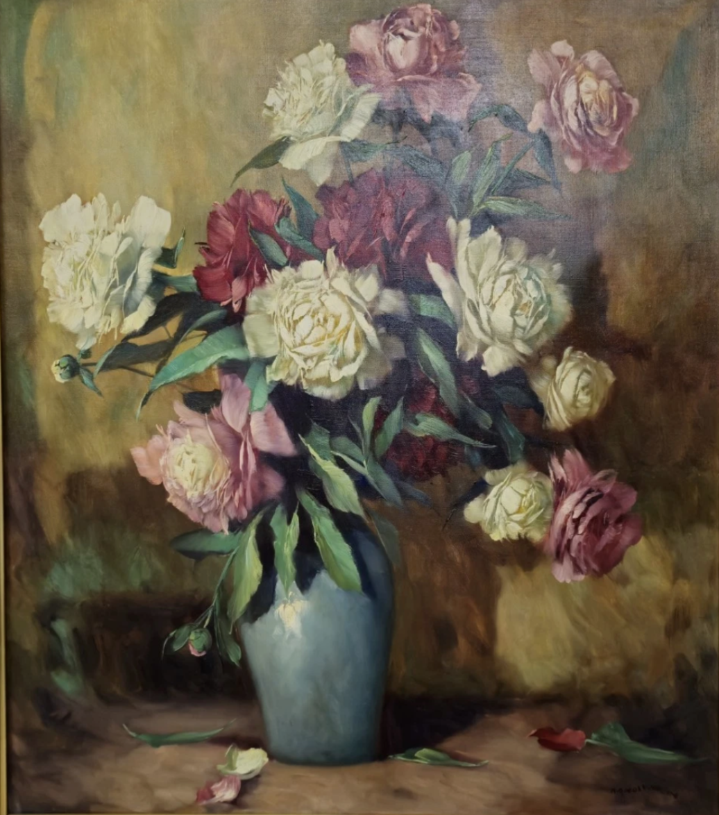Peinture à l'huile Helmuth Volkwein (1920-2004) Nature morte aux fleurs pivoines