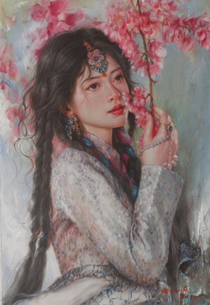 art-decoration-tableau-peinture-huile-toile-portrait-jeune-fille-asiatique-classique-arbre-fleurs