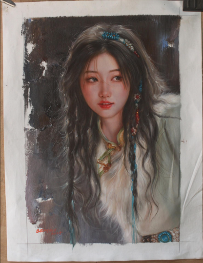 art-decoration-tableau-peinture-huile-toile-portrait-jeune-fille-asiatique-classique-traditionnel