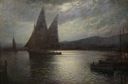 Franz Müller-Gossen (1871-1946) Grande peinture à l'huile voiliers au crépuscule