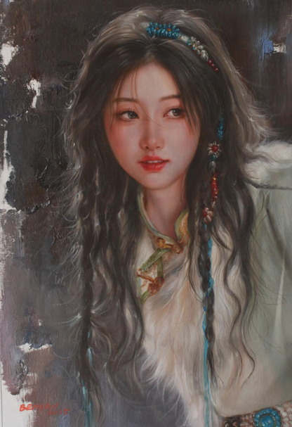 art-decoration-tableau-peinture-huile-toile-portrait-jeune-fille-asiatique-classique-traditionnel