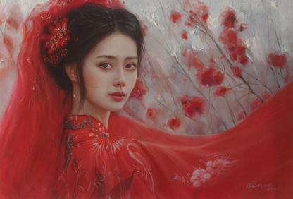 art-decoration-tableau-peinture-huile-toile-portrait-jeune-fille-asiatique-classique-traditionnel-rouge