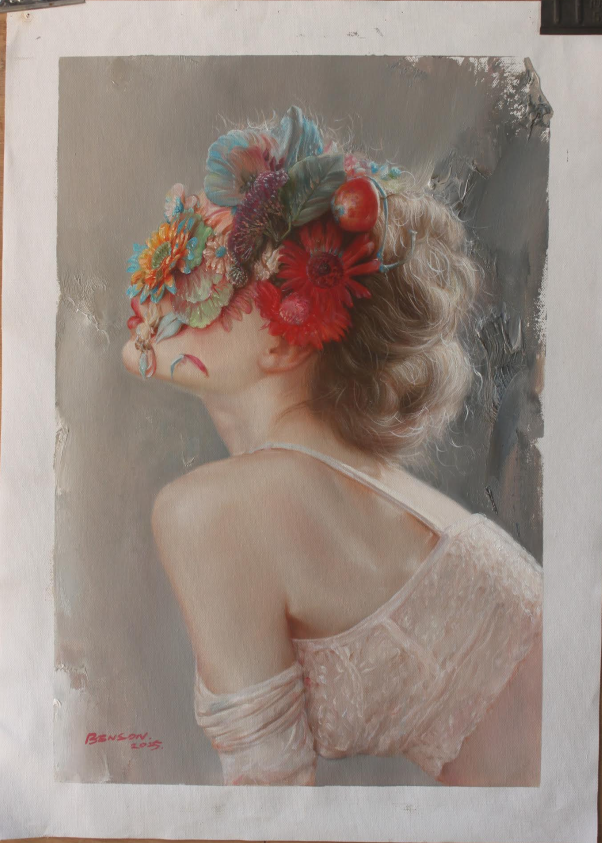 art-decoration-tableau-peinture-huile-toile-portrait-jeune-femme-masque-fleurs