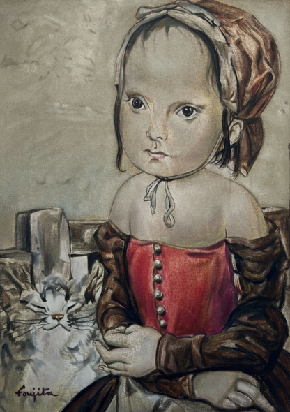 art-decoration-tableau-peinture-huile-toile-moderne-portrait-petite-fille-personnage-enfant-chat-d'aprés Tsuguharu Foujita