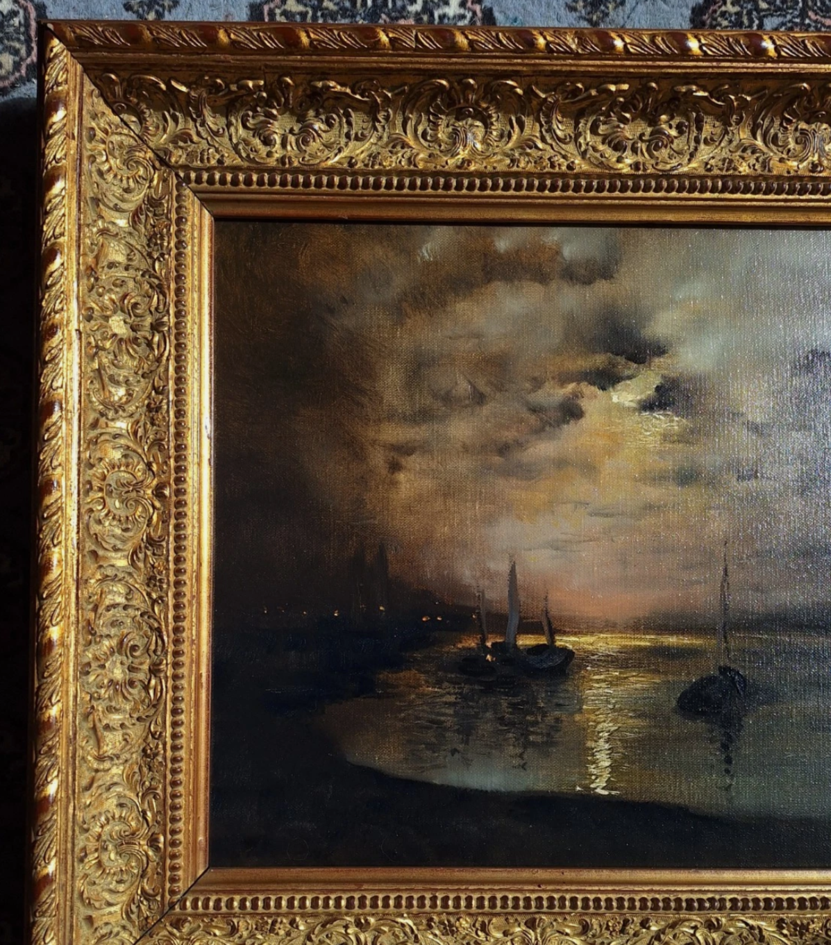 Peinture à l'huile originale romantique voilier coucher de soleil d'après Louis Douzette