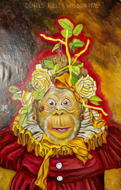 art-decoration-tableau-peinture-huile-toile-surrealisme-portrait-singe-fruits-d'apres Donald Roller